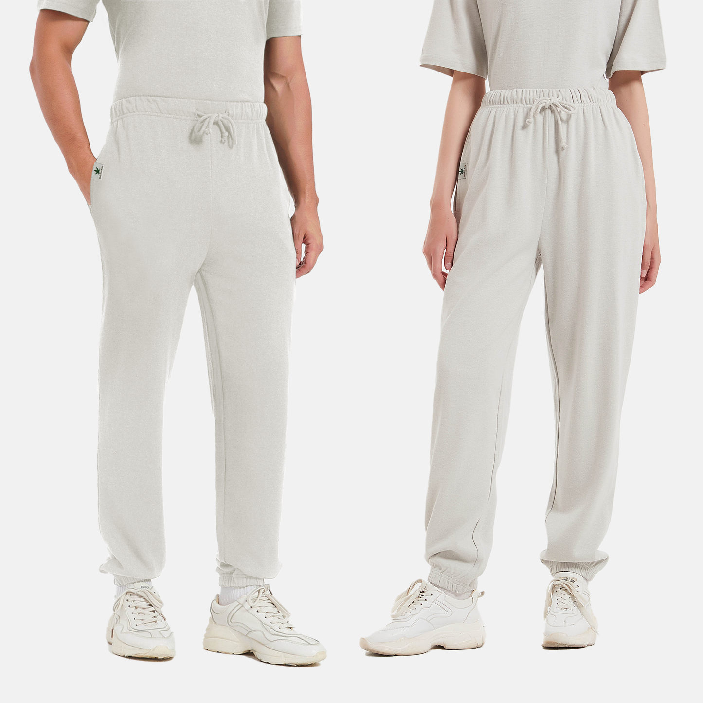 Models wearing Amend Co. gray sweatpants, eco-friendly, sustainable, lightweight and breathable, unisex