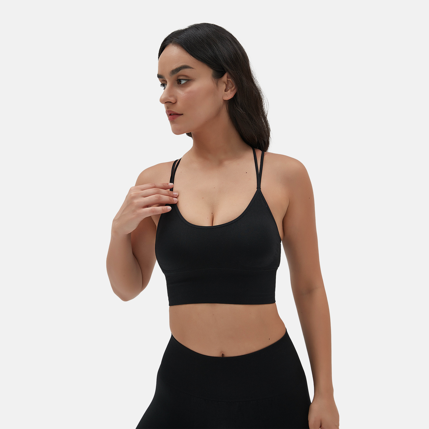 Amend Co. light support padded black sports bra, workout, yoga, sustainable, casual wear, womens