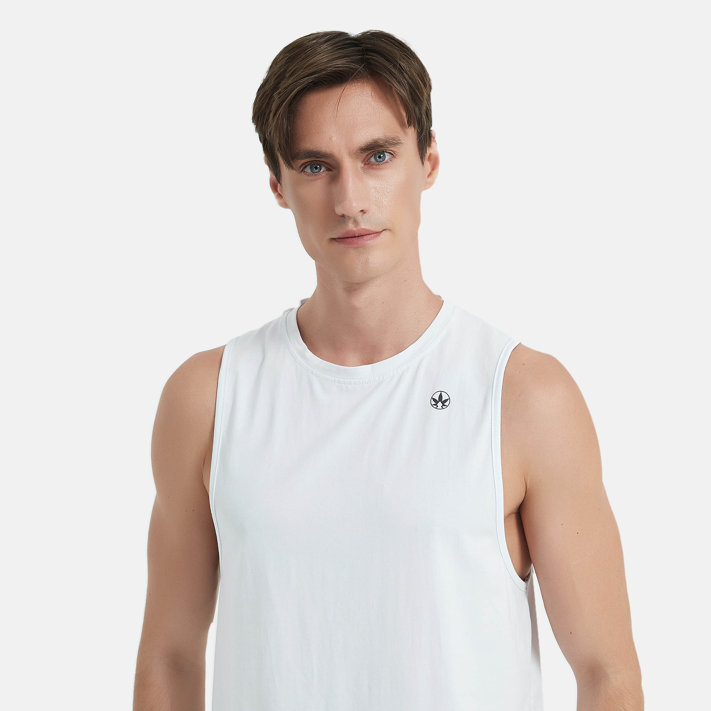 Amend Co. eco-friendly white tank top, activewear, workout, performance, yoga, mens